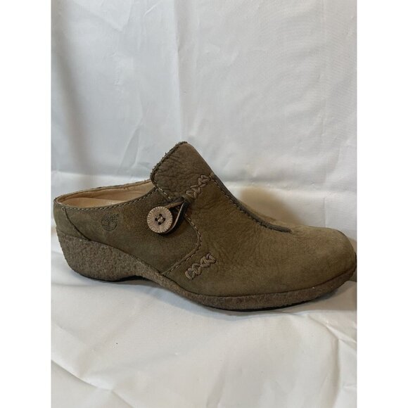 Timberland Mule Shoes Women's  Size 7 Green Brown Nubuck Comfort Gum Crepe Wedge - Picture 7 of 16